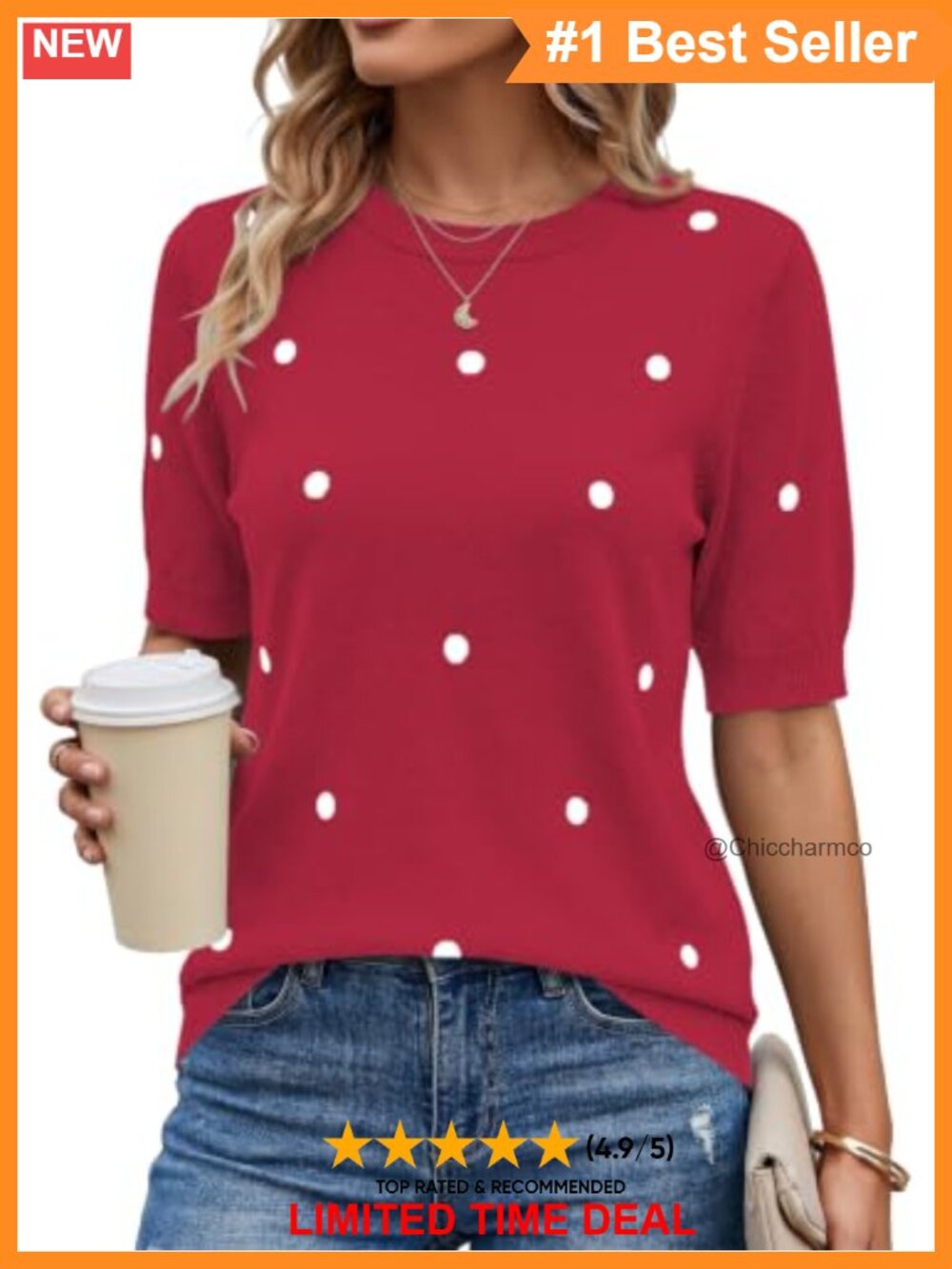 Short Sleeve Polka Dot Knit Sweater Women Crew Neck Lightweight